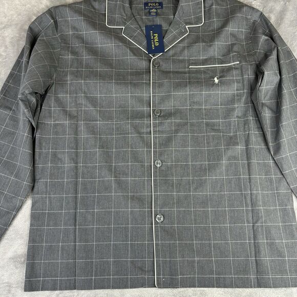 Polo Ralph Lauren Sleep Shirt Men Large Gray Check Button Up Pocket Pony New $55 - Picture 4 of 12